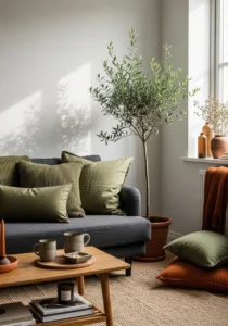 Olive green decor with dark grey couch styling