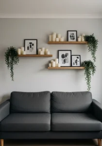 Floating shelves styled above dark grey couch