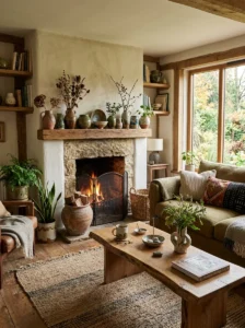 Handmade pottery decorating an earthy living room