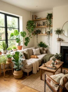 Indoor plants bringing warmth to a cozy living room