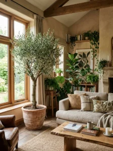 Indoor plants adding freshness to an earthy living room