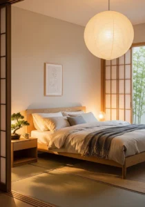 Calm simple Japandi bedroom design