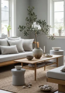 Indoor greenery softening Japandi minimalist room