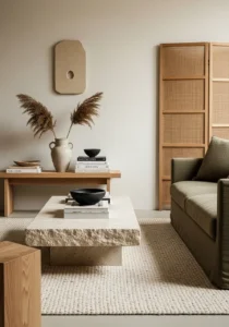 Stone and matte finishes in Japandi home decor