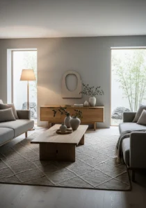 Low wooden furniture in Japandi interior