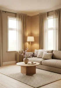 Soft neutral layers in Japandi home design