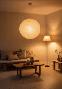 Soft ambient lighting in Japandi interior