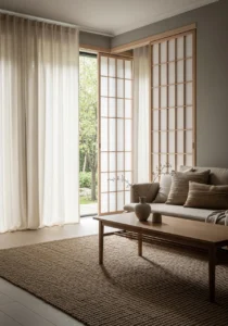 Soft curtains and sliding panels in Japandi home