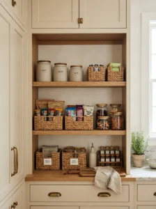 Woven baskets organizing snacks inside kitchen cabinets