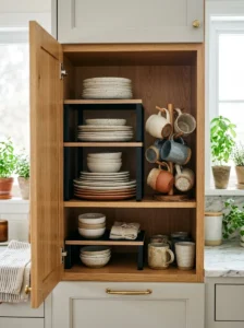 Shelf risers doubling kitchen cabinet storage space