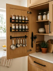 Cabinet door organizers inside a modern kitchen