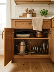 Vertical pot lid storage inside a kitchen cabinet