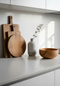Lightly styled kitchen countertops with warm decor