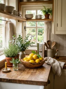 Natural elements decorating a cozy kitchen counter