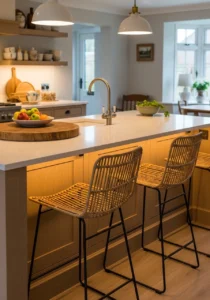 Woven bar stools in farmhouse kitchen