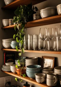 Open kitchen shelves with aesthetic decor