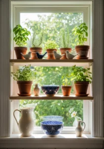 Floating shelves around kitchen window