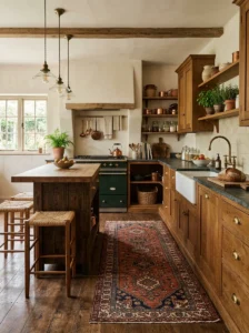 Soft curved furniture in earthy kitchen