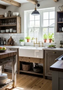 Large farmhouse sink in cozy modern kitchen