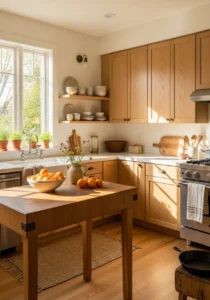 Light oak cabinets with cream walls in earthy kitchen