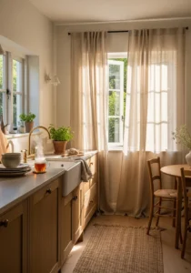 Soft linen curtains in warm kitchen