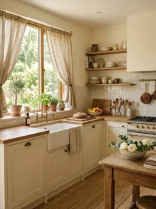 Textured linen curtains in earthy kitchen