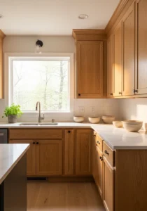 Warm wood cabinets in soft neutral kitchen