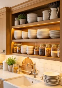 Warm wood open shelving in farmhouse kitchen