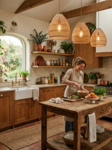 Woven lighting fixtures in earthy kitchen
