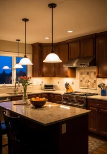 Warm layered lighting in modern kitchen