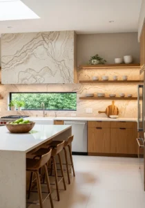 Neutral stone backsplash in warm kitchen
