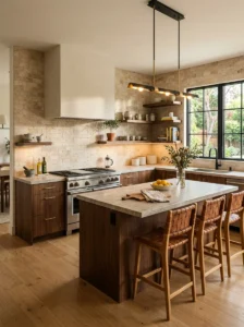Natural stone textures in modern kitchen