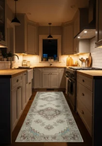 Vintage runner rug in cozy kitchen