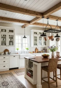 Rustic wooden beams in modern farmhouse kitchen