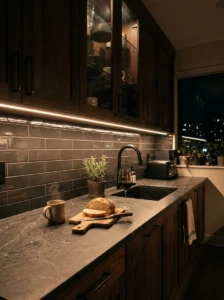 Warm LED lighting brightening a dark kitchen