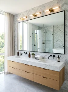 Large mirror making a modern bathroom feel bigger