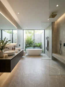 Large-format tiles creating a spacious bathroom appearance