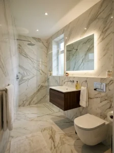 Large-format tiles creating a seamless luxury bathroom look