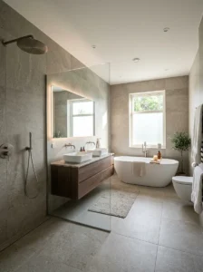 Large-format tiles in a modern bathroom renovation