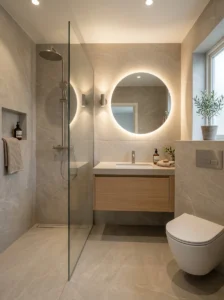 Large-format tiles creating a seamless small bathroom design