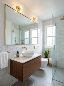 Large mirror adding depth to a small bathroom