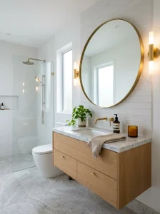 Luxury small bathroom remodel with floating vanity, large mirror, and modern spa-inspired decor