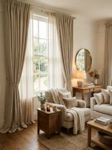 Layered curtains adding softness to a cozy living room
