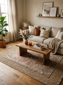 Layered rugs creating a cozy collected living room look