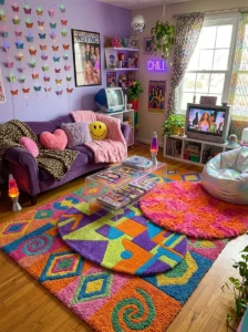 Layered rugs adding texture to a Y2K living room