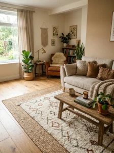 Layered cozy rugs in an earthy living room