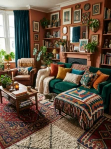 Bold color palette in cozy maximalist room