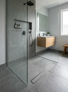 Linear drain in a seamless modern shower design