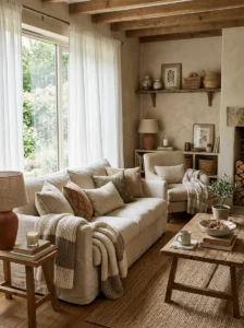 Linen and cotton textiles in a cozy earthy living room