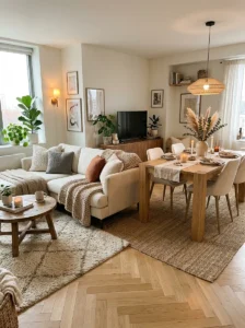 Separate rug zones in an open-concept living and dining room